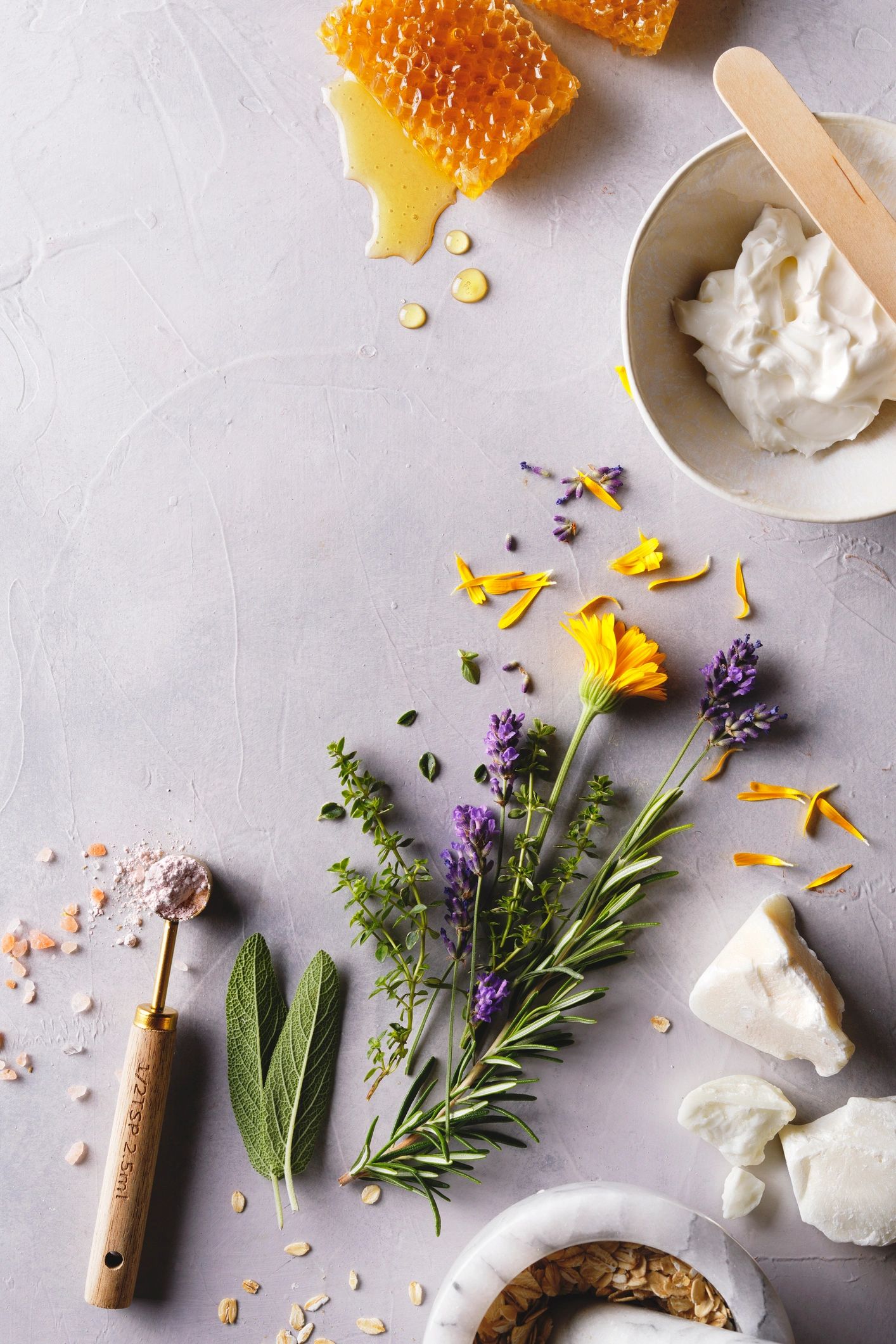 Neutral spa-inspired flat lay with natural beauty ingredients