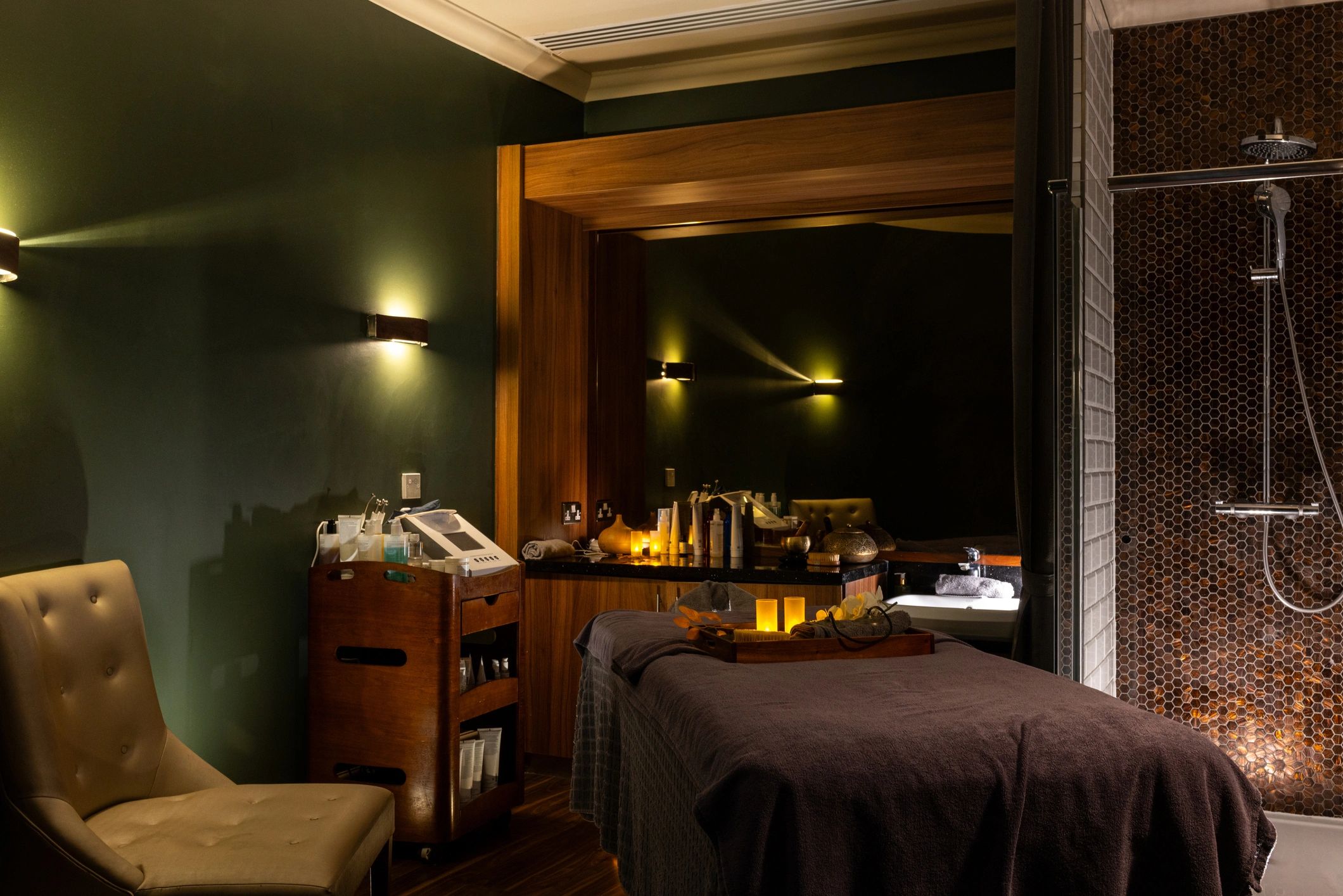 Warm, cozy treatment room with neutral tones